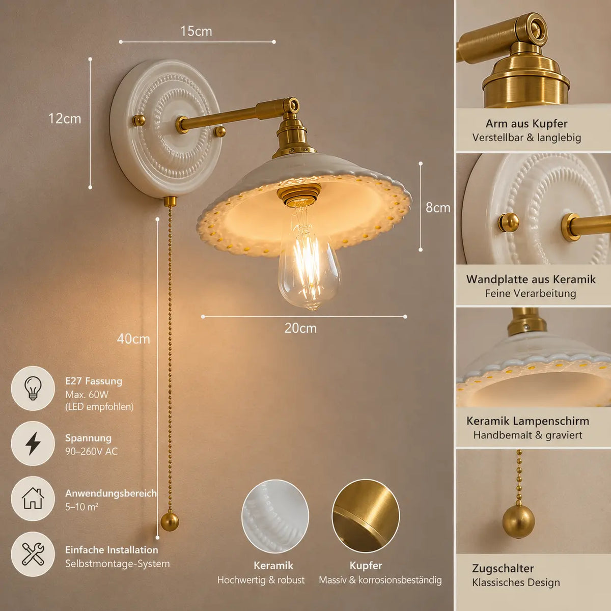 Wandleuchte Keramik Retro weiß (Solenwick), Maße und technische Details