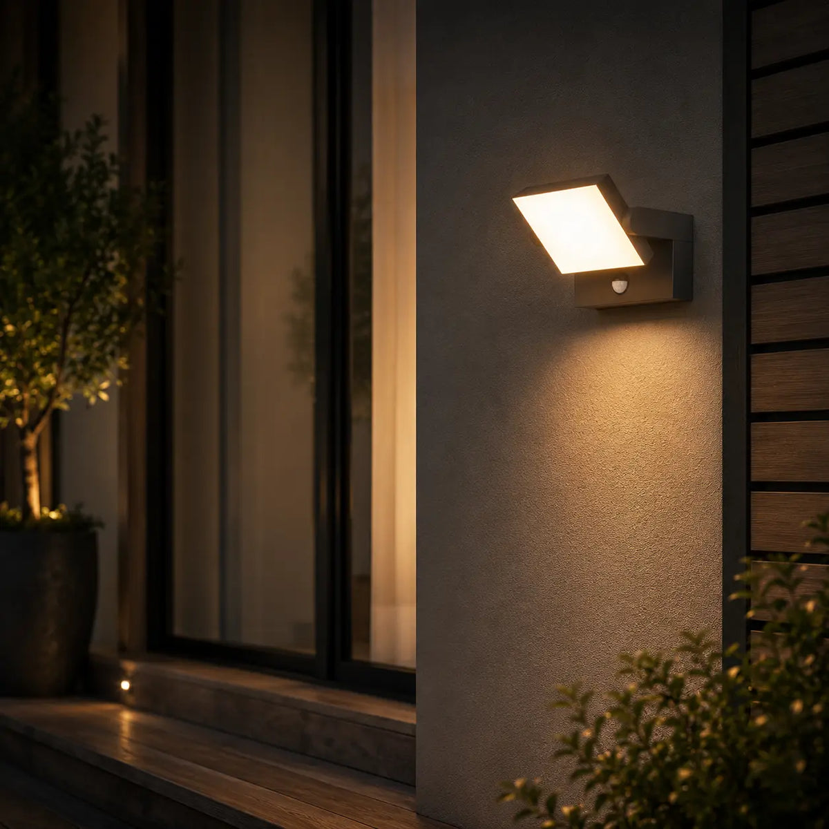 LED Außenwandleuchte mit Bewegungsmelder schwenkbar 24W anthrazit (Nulia), am Hauseingang bei Nacht