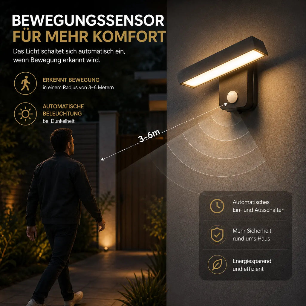 LED Außenwandleuchte mit Bewegungsmelder drehbar Aluminium (Aloa), Bewegungsmelder und Lichtmodi