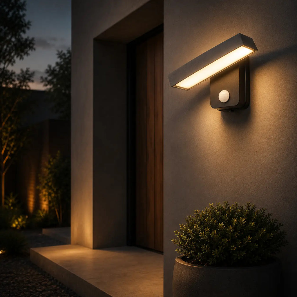LED Außenwandleuchte mit Bewegungsmelder drehbar Aluminium (Aloa), am Hauseingang bei Nacht