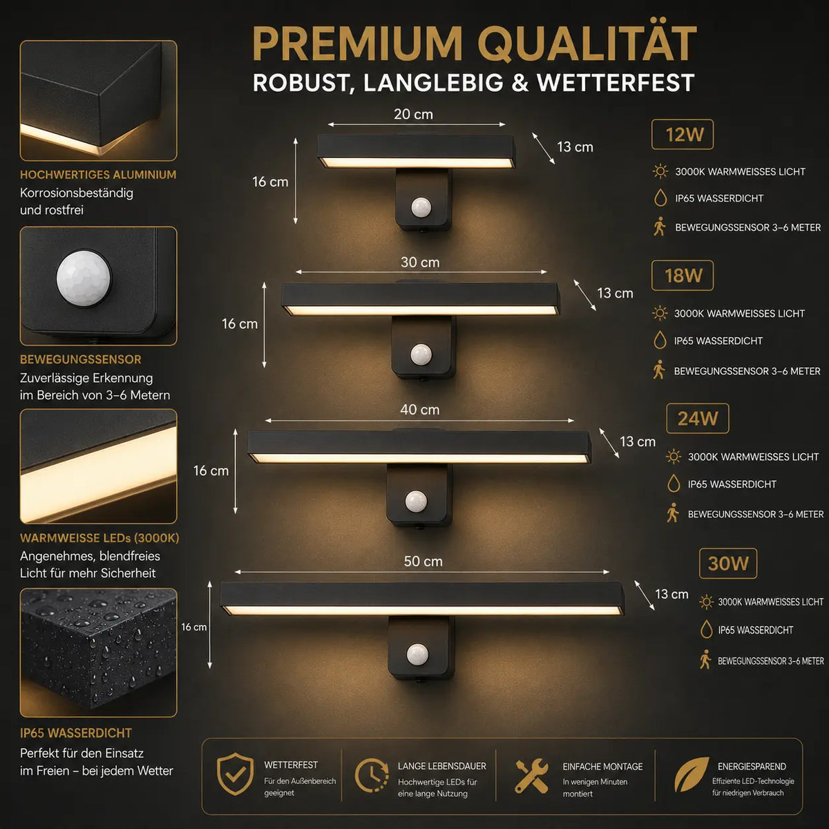 LED Außenwandleuchte mit Bewegungsmelder drehbar Aluminium (Aloa), Größenvergleich