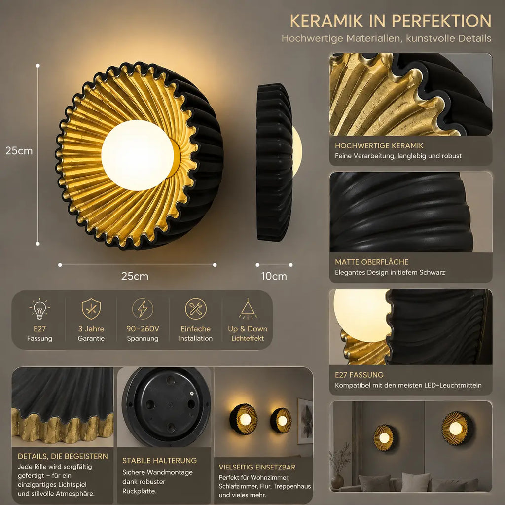 Wandleuchte Muschel-Design schwarz-gold (Solvaria), Maße und technische Details