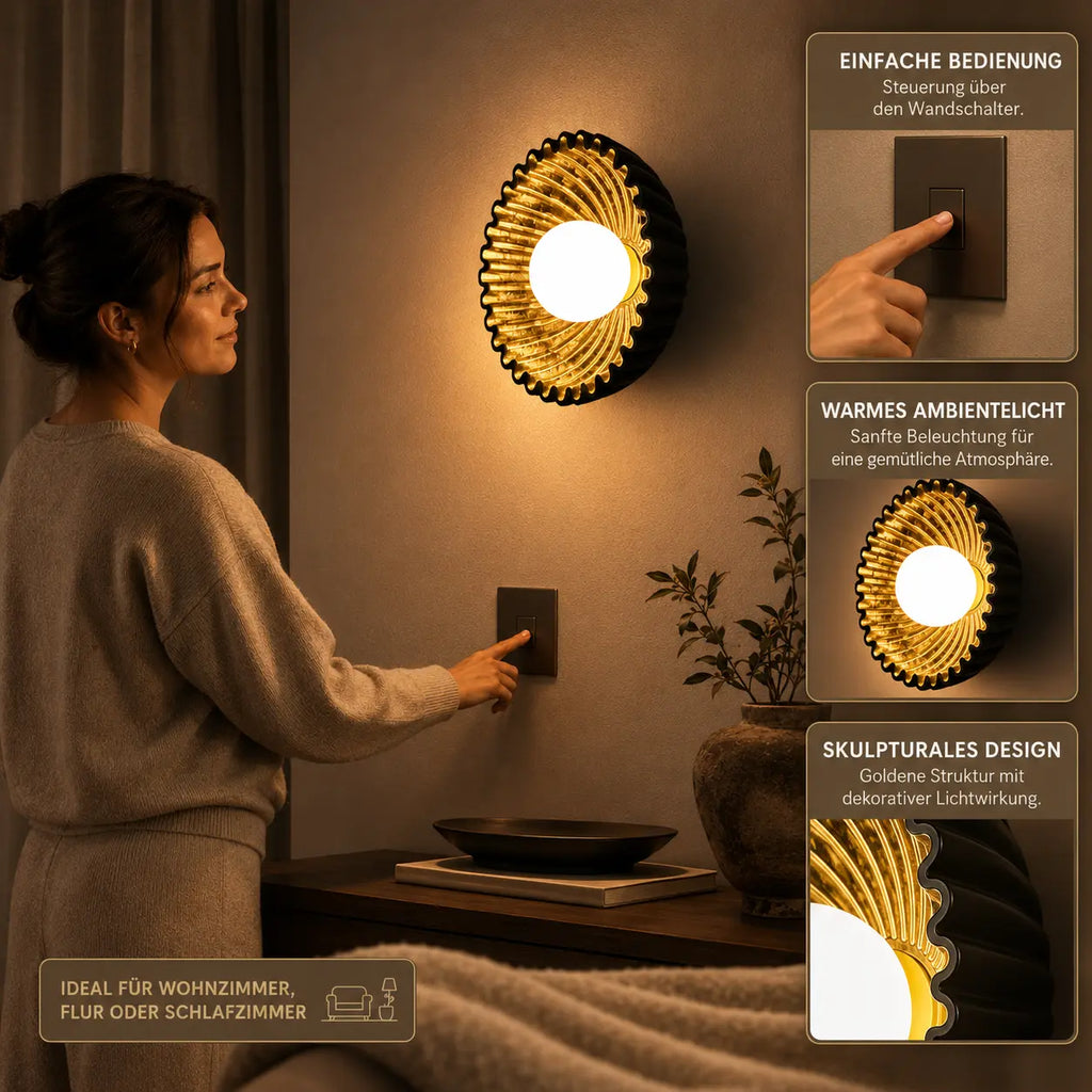 Wandleuchte Muschel-Design schwarz-gold (Solvaria), im Wohnzimmer 2
