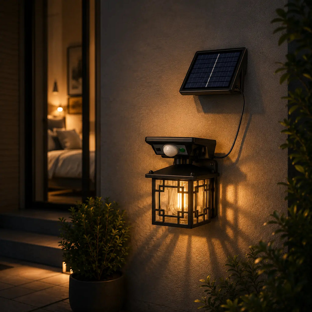 Solar Wandleuchte Laterne retro mit Bewegungsmelder schwarz (Halvorin), an der Hauswand