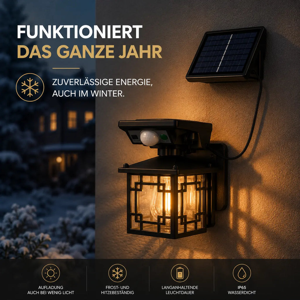 Solar Wandleuchte Laterne retro mit Bewegungsmelder schwarz (Halvorin), im Winter bei Schnee