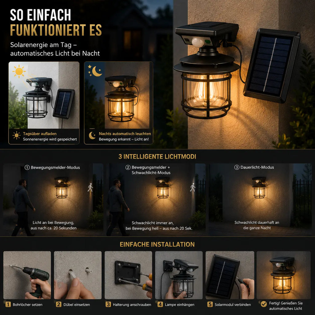 Solar Wandleuchte Laterne retro rund mit Bewegungsmelder schwarz (Halvoran), Bewegungsmelder und Lichtmodi