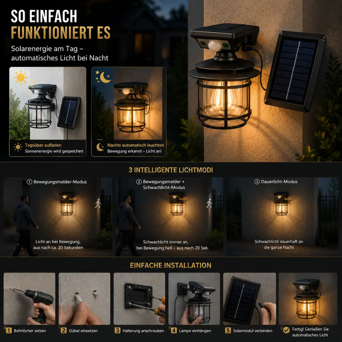 Solar Wandleuchte Laterne retro rund mit Bewegungsmelder schwarz (Halvoran), Bewegungsmelder und Lichtmodi