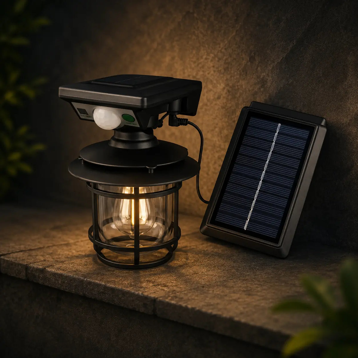 Solar Wandleuchte Laterne retro rund mit Bewegungsmelder schwarz (Halvoran), Produktfoto