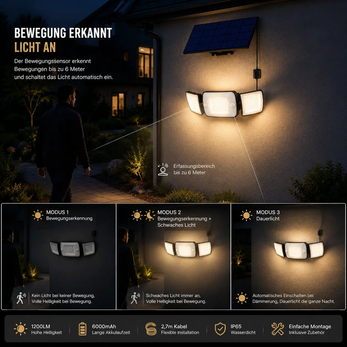 Solar Wandleuchte mit Bewegungsmelder verstellbar schwarz (Alo), Bewegungsmelder und Lichtmodi