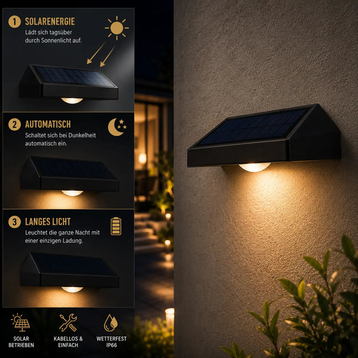 Solar Wandleuchte mit LED-Spots keilförmig schwarz (Velmora), Funktionsweise mit Dämmerungssensor