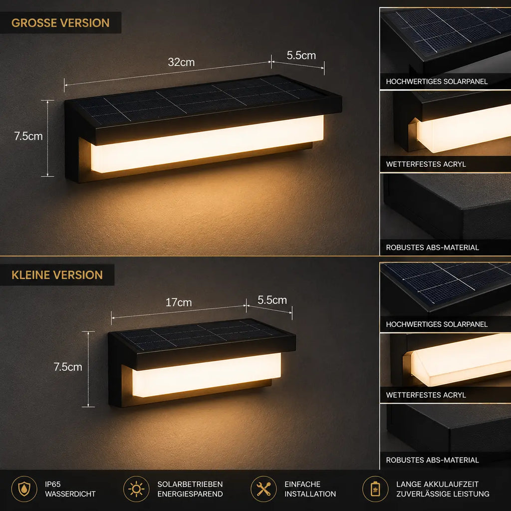 Solar Wandleuchte rechteckig mit Acryl-Diffusor schwarz (Norlyn), Größenvergleich