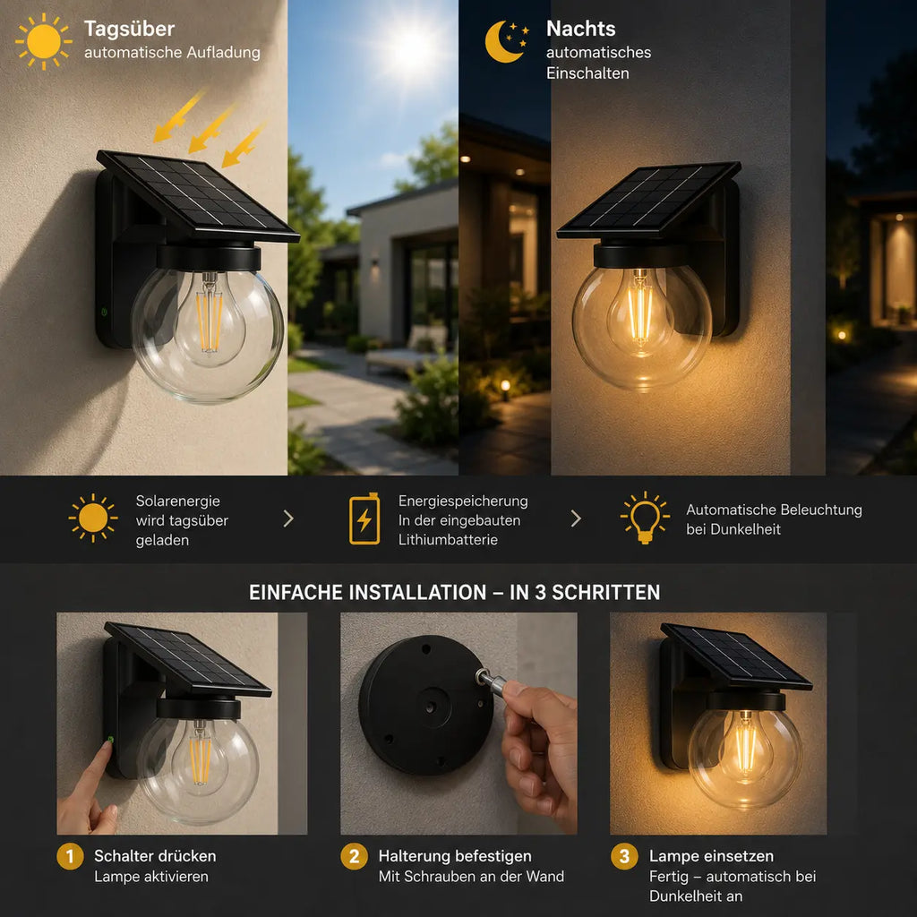 Solar Wandleuchte mit Glaskugel E27 schwarz (Belarion), Funktionsweise mit Dämmerungssensor