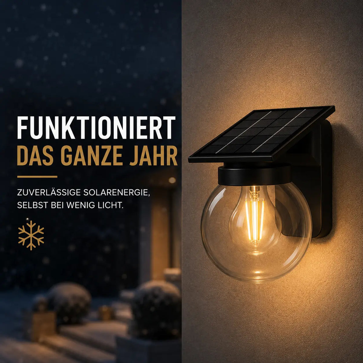 Solar Wandleuchte mit Glaskugel E27 schwarz (Belarion), im Winter bei Schnee