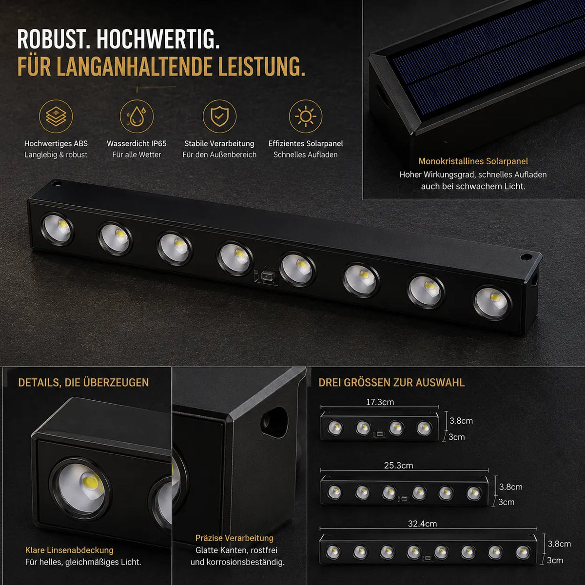 Solar Wandleuchte mit LED-Spots schwarz (Vindora), in verschiedenen Größen