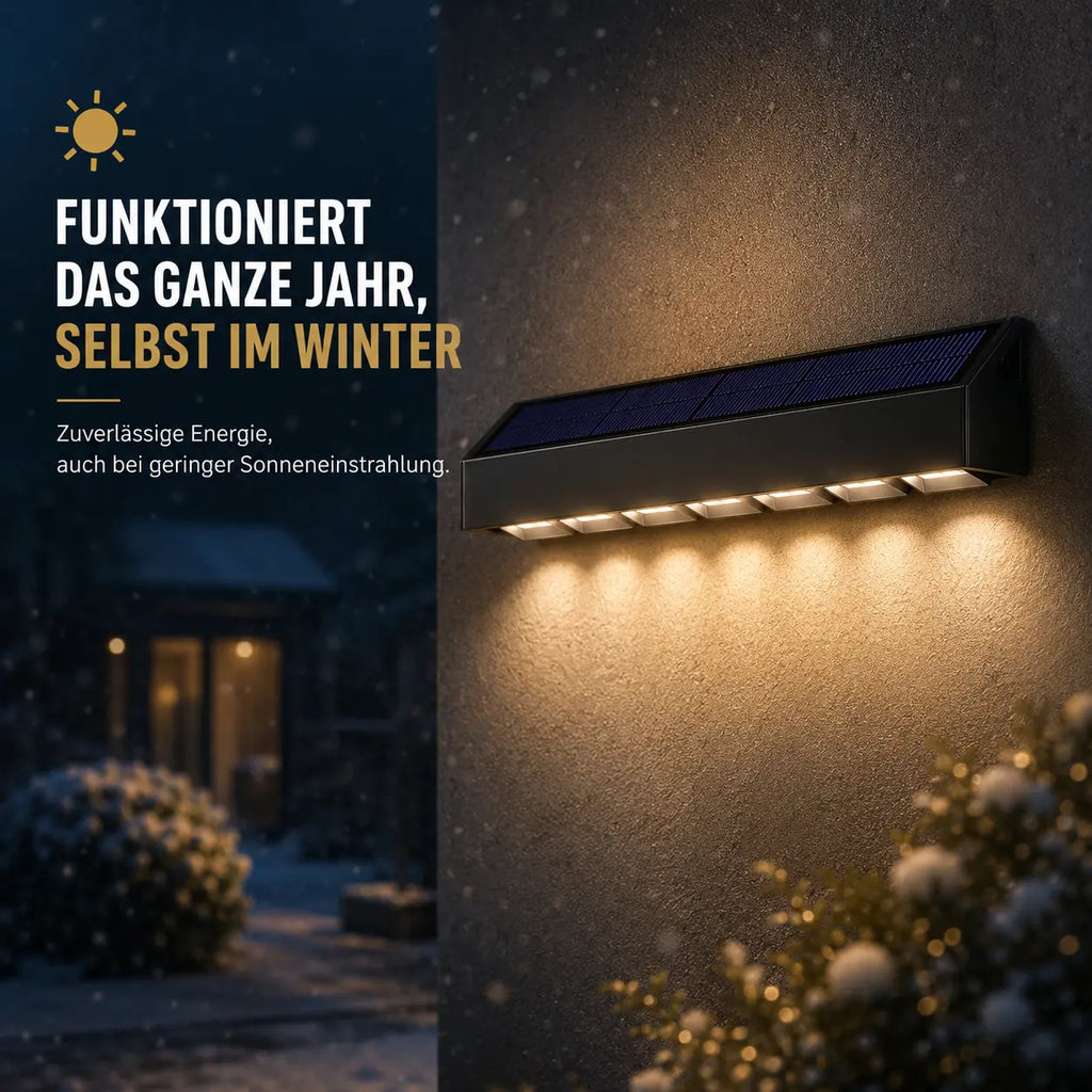 Solar Wandleuchte mit LED-Spots schwarz (Vindora), im Winter bei Schnee