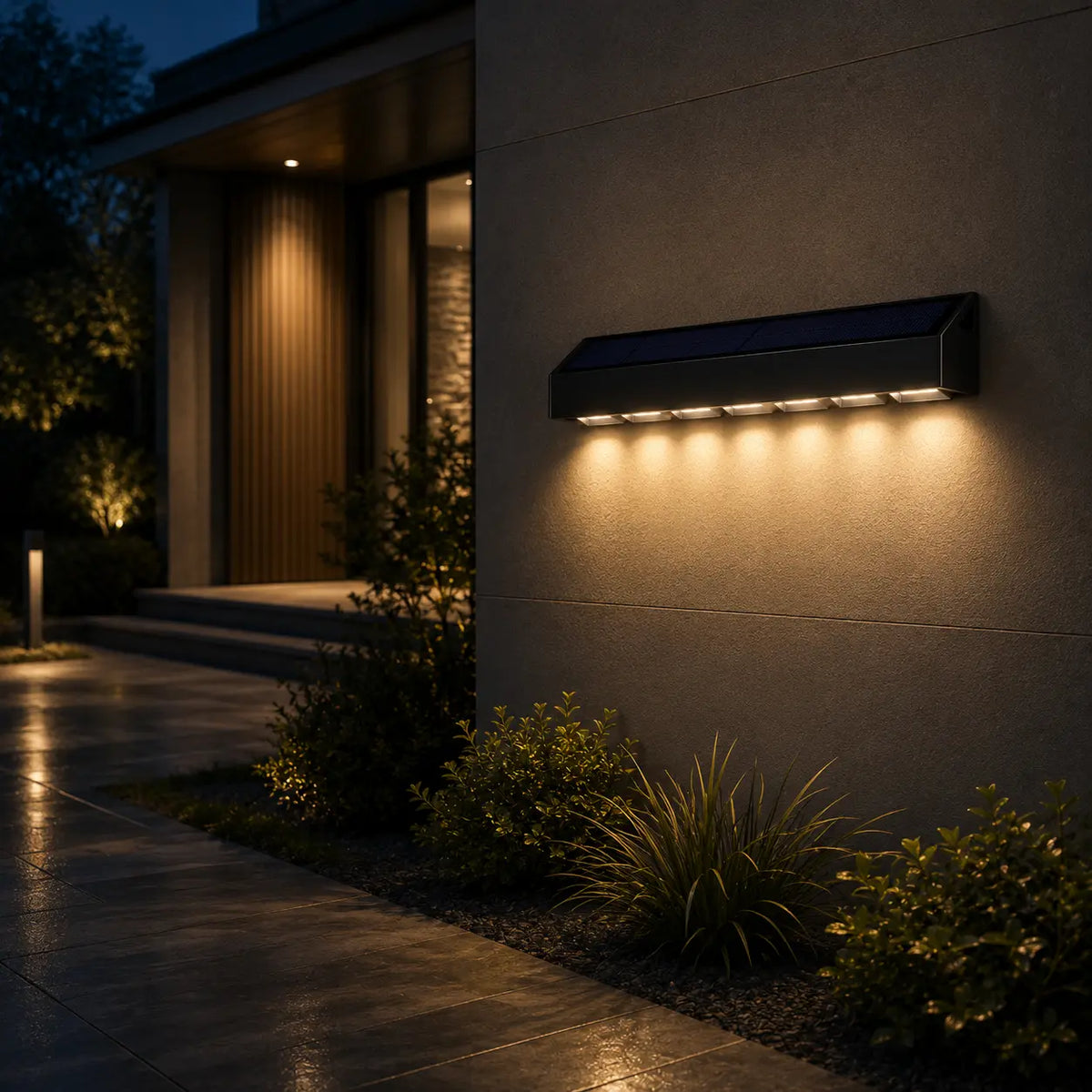 Solar Wandleuchte mit LED-Spots schwarz (Vindora), auf der Terrasse