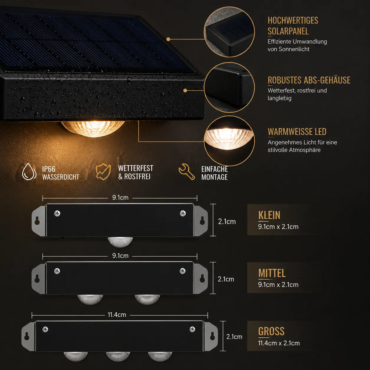 Solar Wandleuchte mit LED-Spots keilförmig schwarz (Velmora), Maße und technische Details
