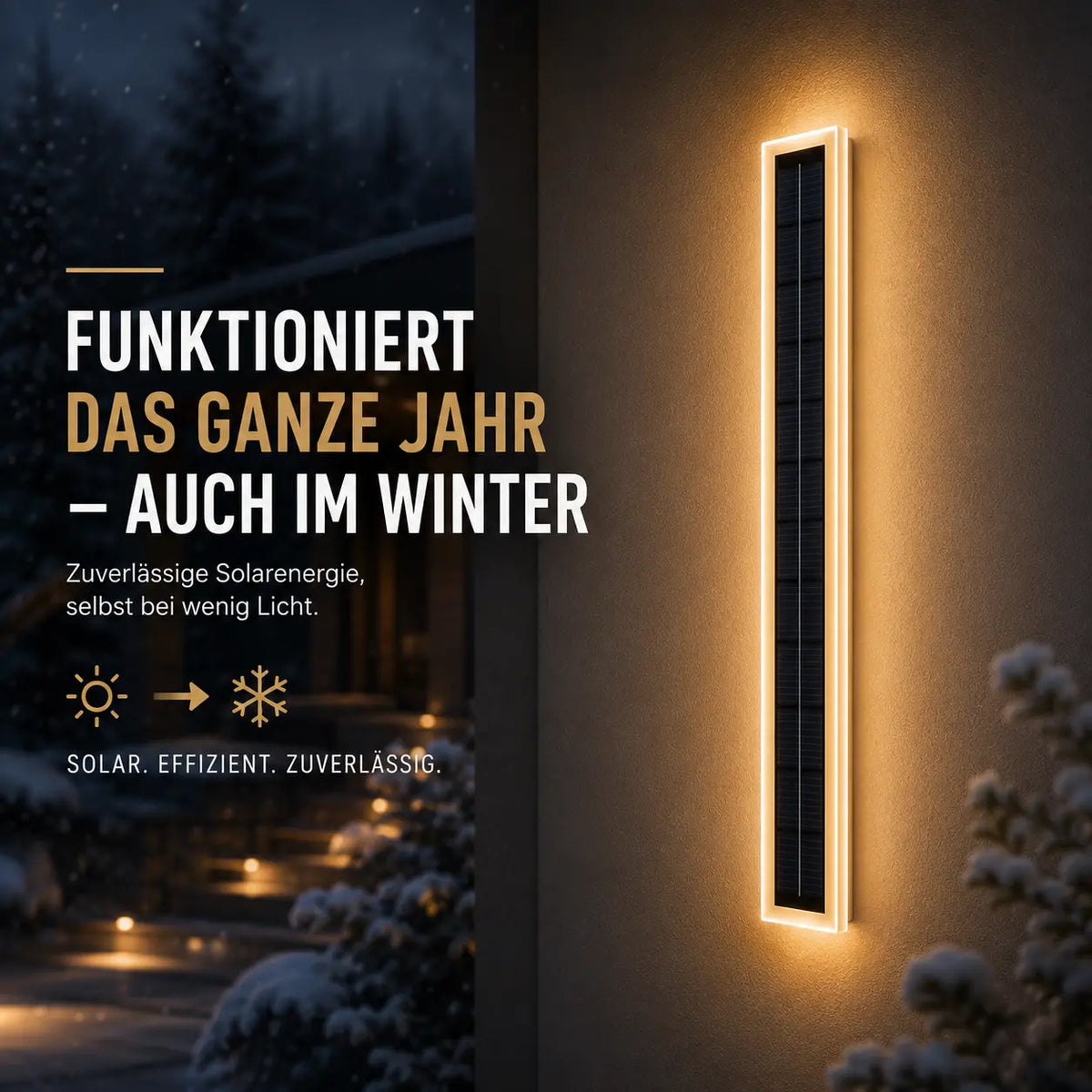 Solar Wandleuchte 60cm mit Lichtrahmen schwarz (Aurelio), im Winter bei Schnee