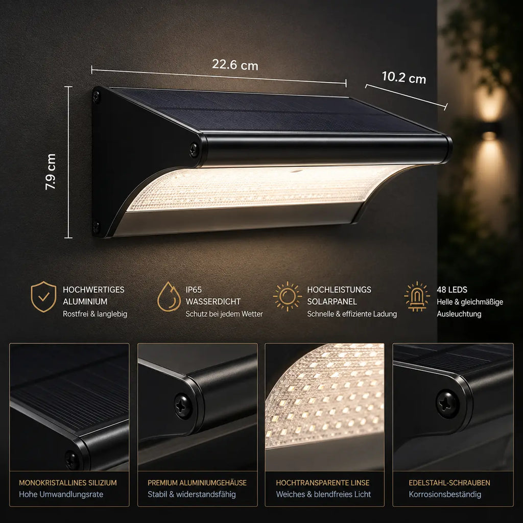 Solar Wandleuchte mit Radar-Bewegungsmelder Aluminium silber (Ferlion), Maße und technische Details