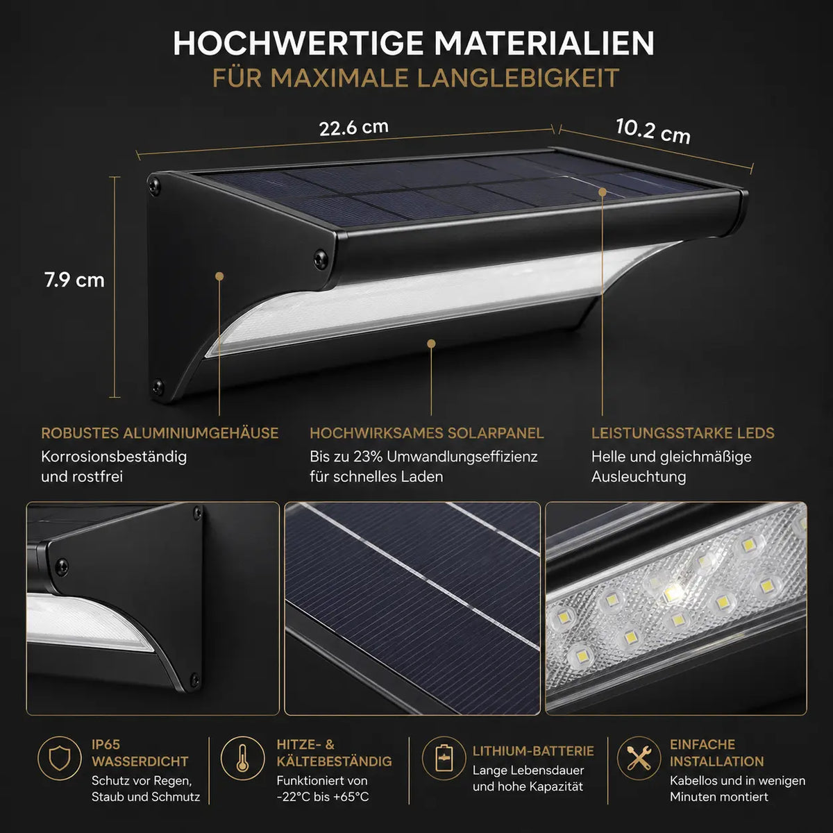 Solar Wandleuchte mit Radar-Bewegungsmelder Aluminium schwarz (Ferlion), Maße und technische Details