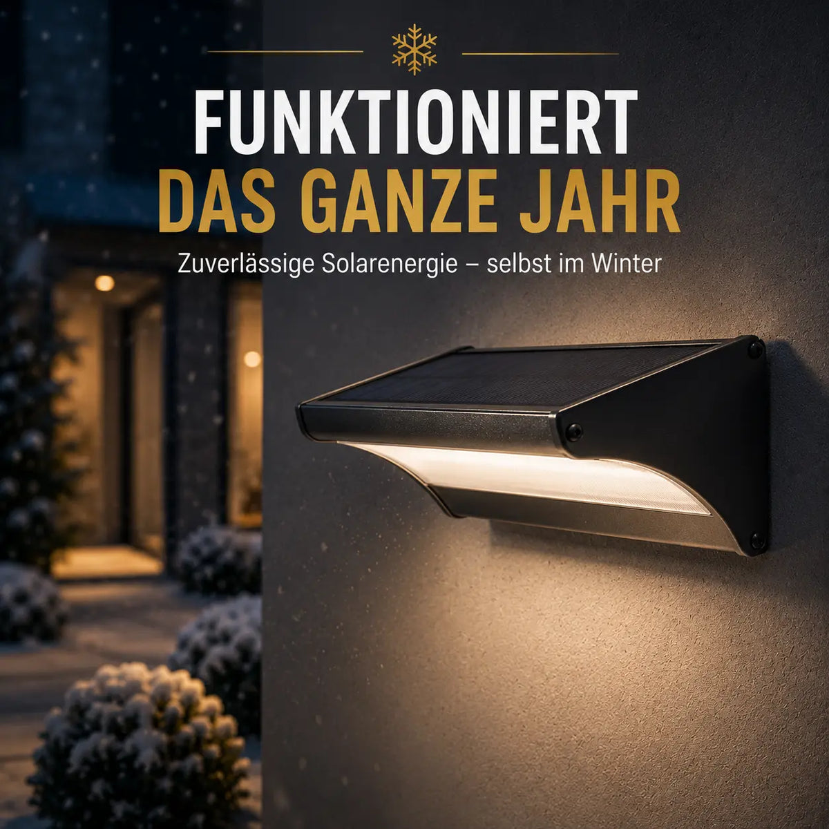 Solar Wandleuchte mit Radar-Bewegungsmelder Aluminium schwarz (Ferlion), im Winter bei Schnee