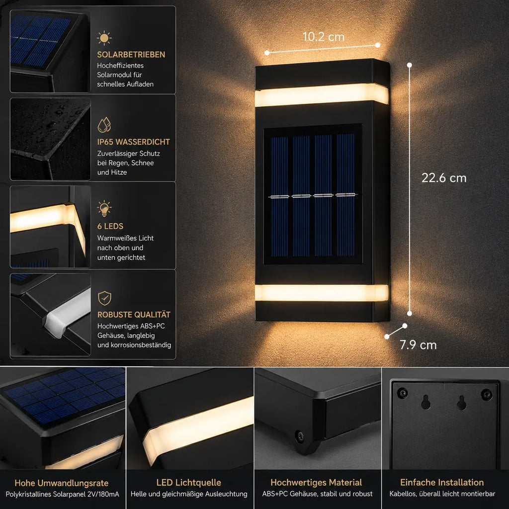 Solar Wandleuchte mit Auf-Ab-Licht rechteckig schwarz (Bramoor), Maße und technische Details