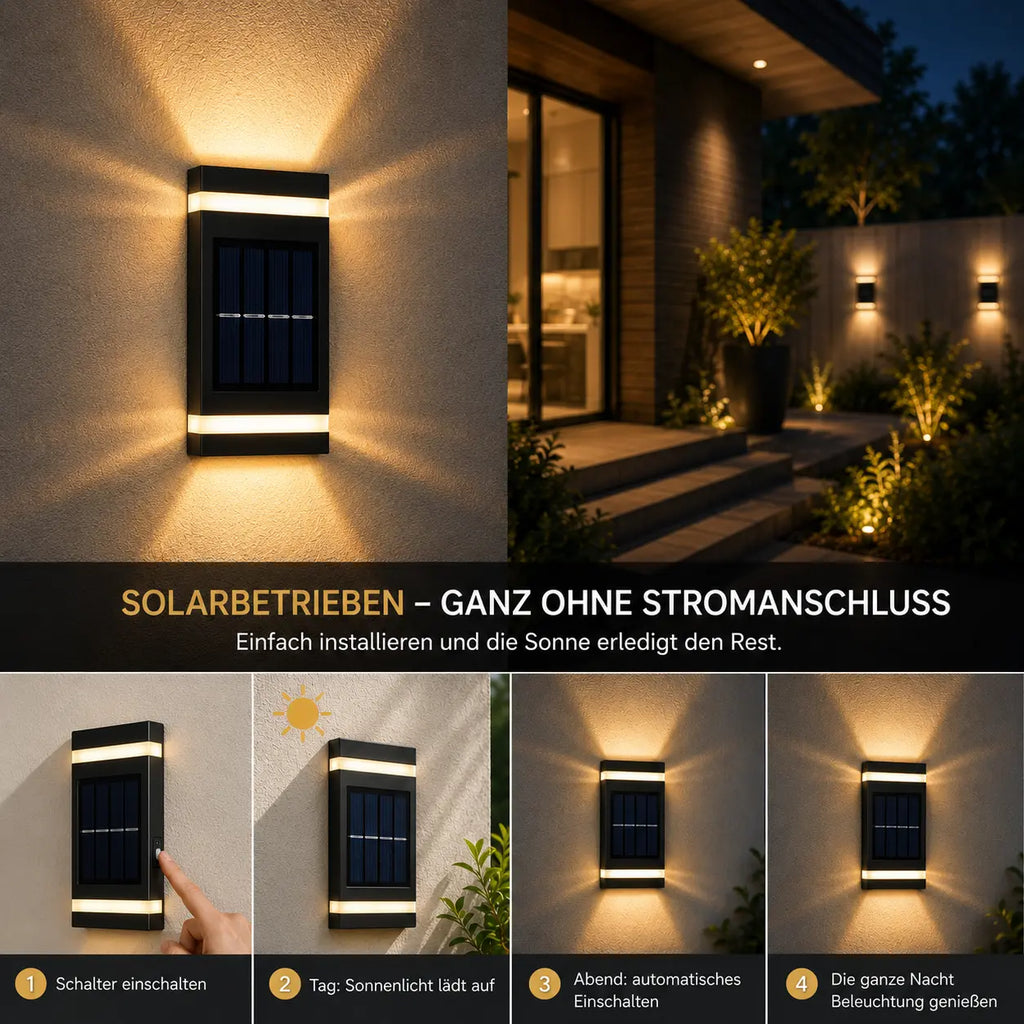 Solar Wandleuchte mit Auf-Ab-Licht schwarz, 2er Set (Bramoor), Funktionsweise mit Dämmerungssensor