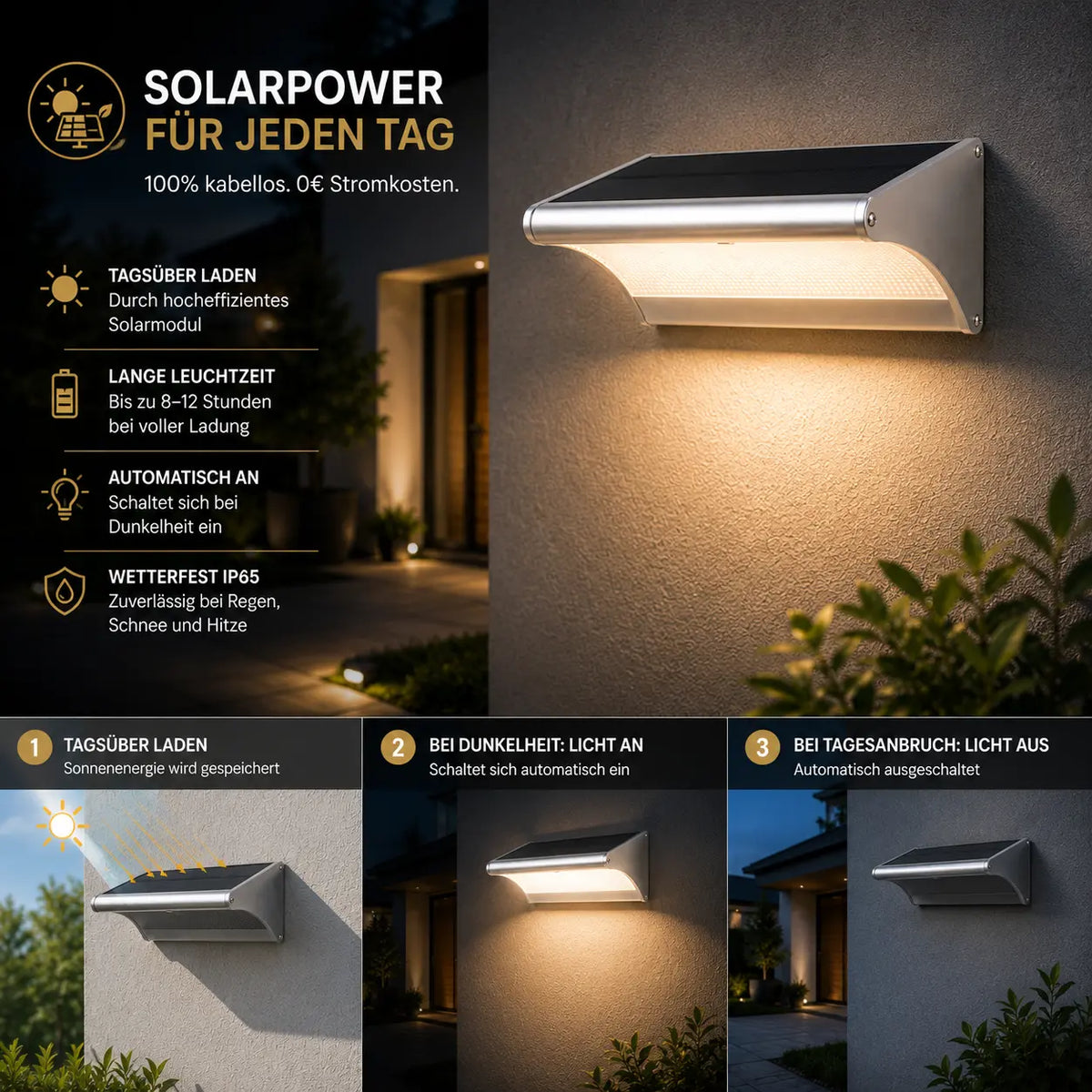 Solar Wandleuchte mit Radar-Bewegungsmelder Aluminium silber (Ferlion), Funktionsweise mit Dämmerungssensor