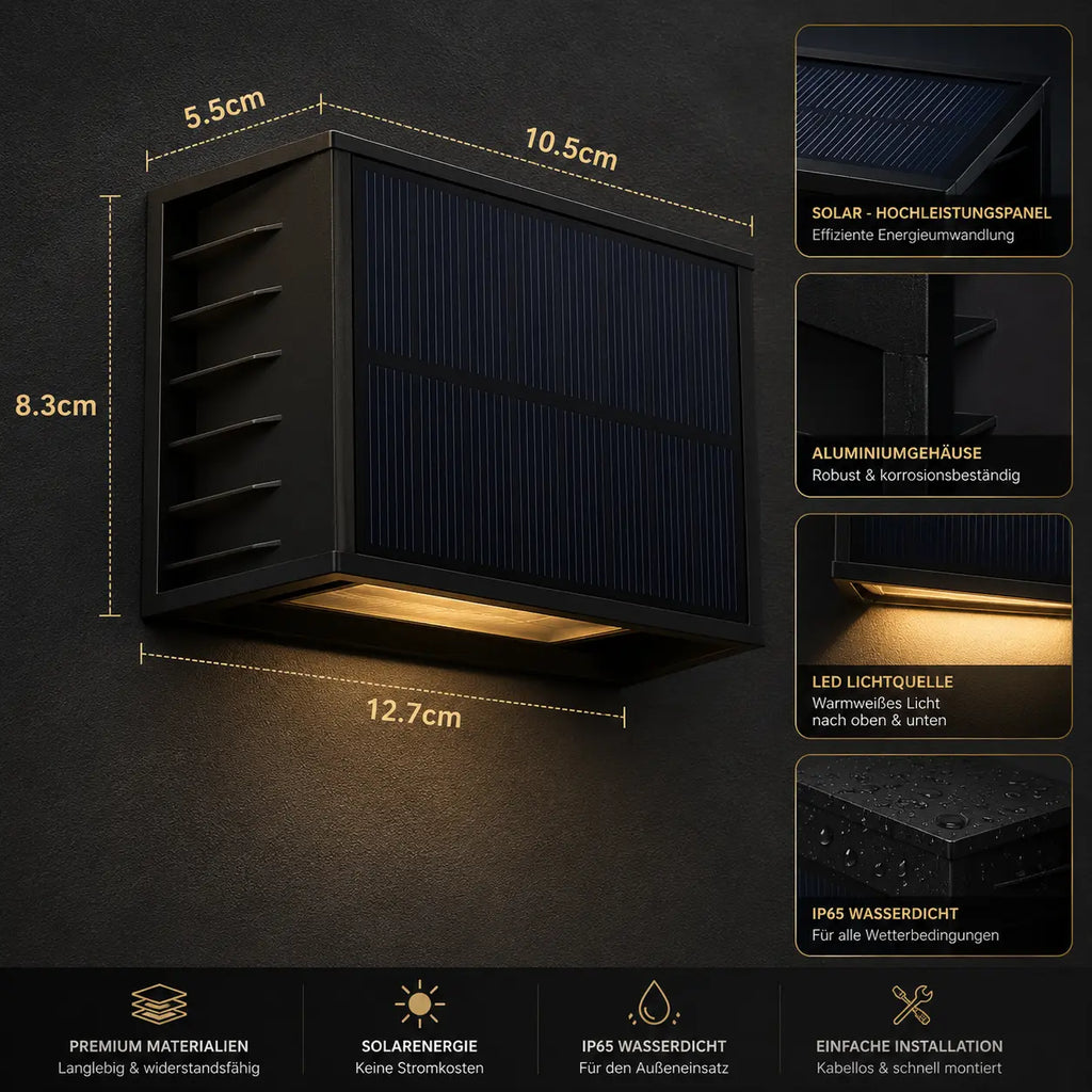 Solar Wandleuchte mit Auf-Ab-Licht schwarz, 2er Set (Nerion), Maße und technische Details