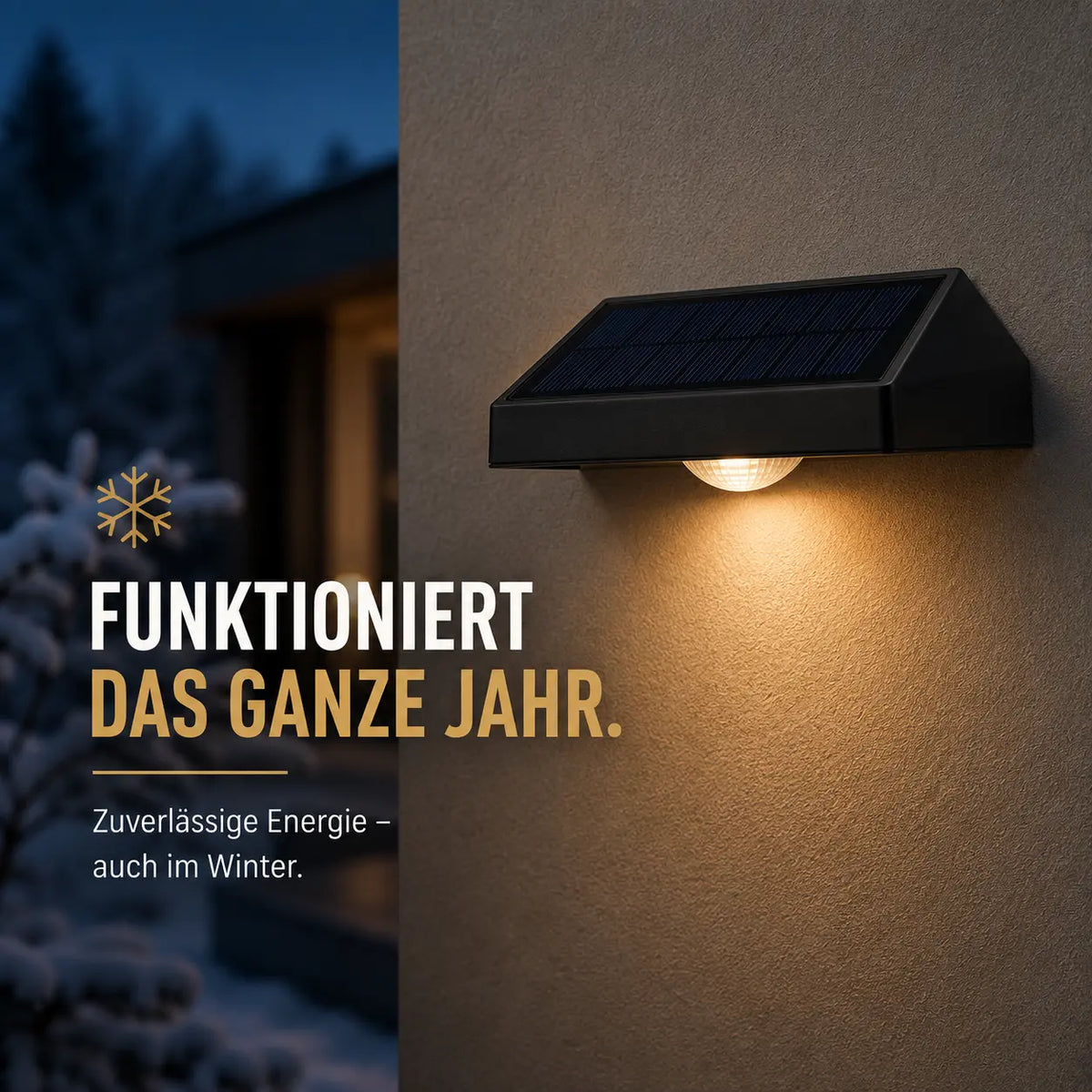 Solar Wandleuchte mit LED-Spots keilförmig schwarz (Velmora), im Winter bei Schnee