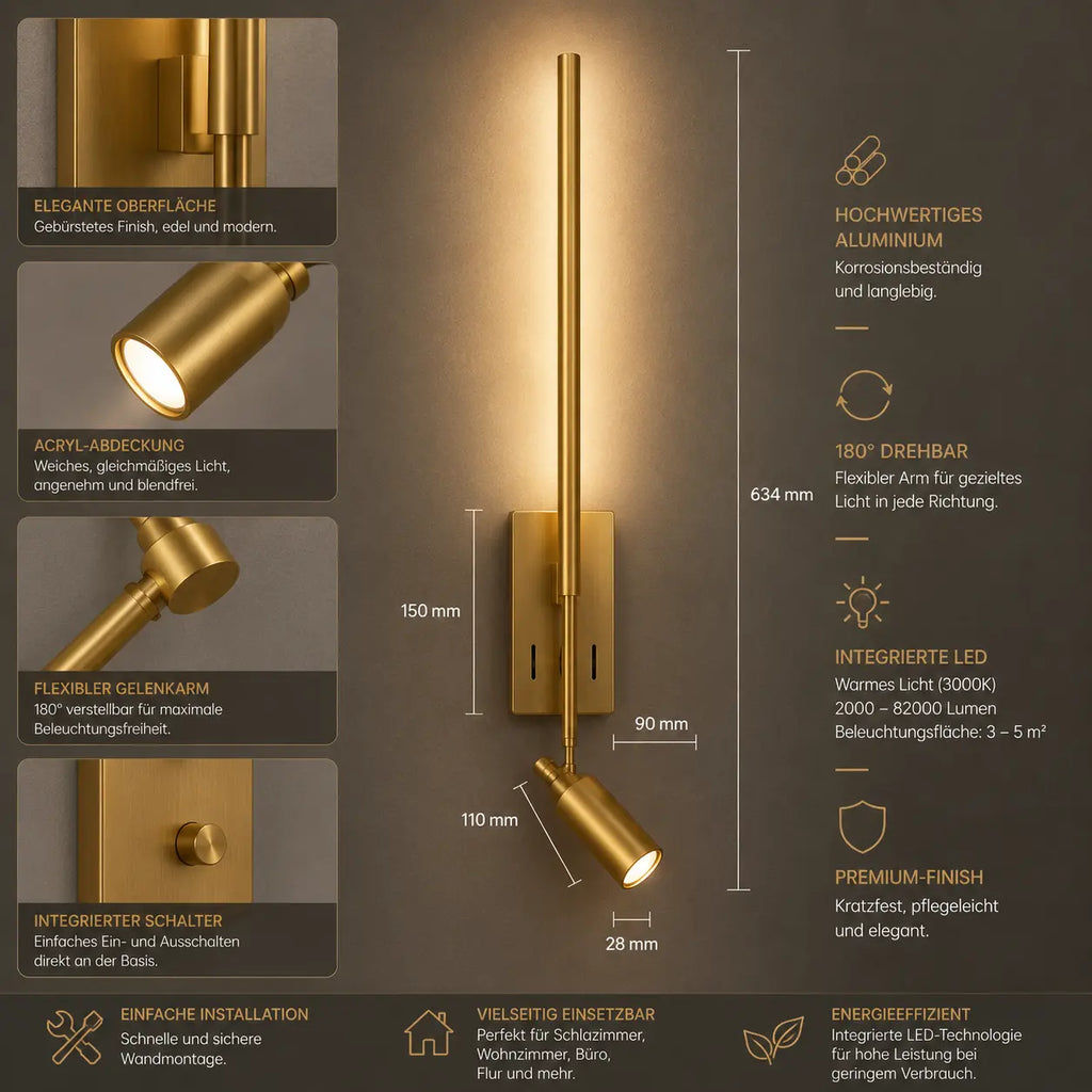 Wandleuchte Leselampe mit Schwenkarm gold (Vaskenio), Maße und technische Details