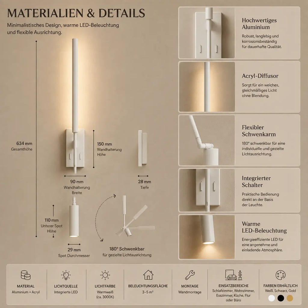 Wandleuchte Leselampe mit Schwenkarm weiß (Corvenna), Maße und technische Details