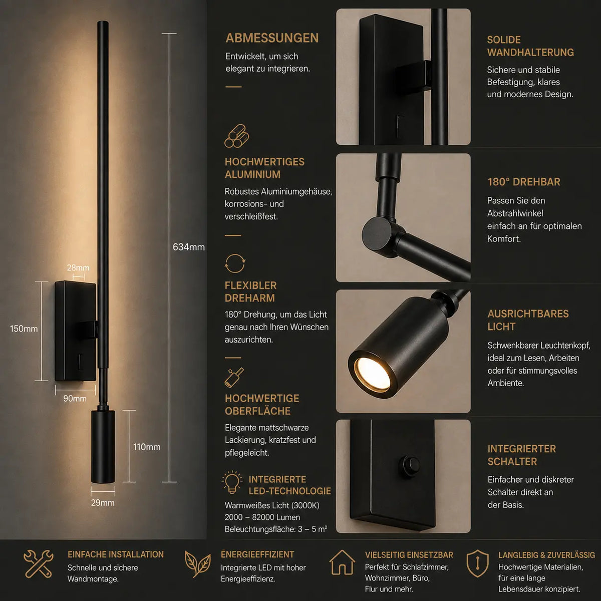 Wandleuchte Leselampe mit Schwenkarm schwarz (Delmorra), Maße und technische Details