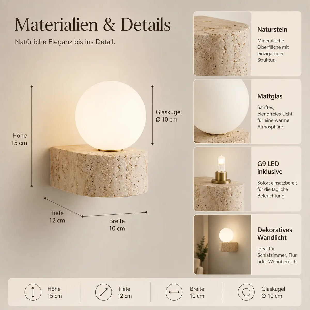 LED Wandleuchte Naturstein Kugel beige (Solenza), Maße und technische Details