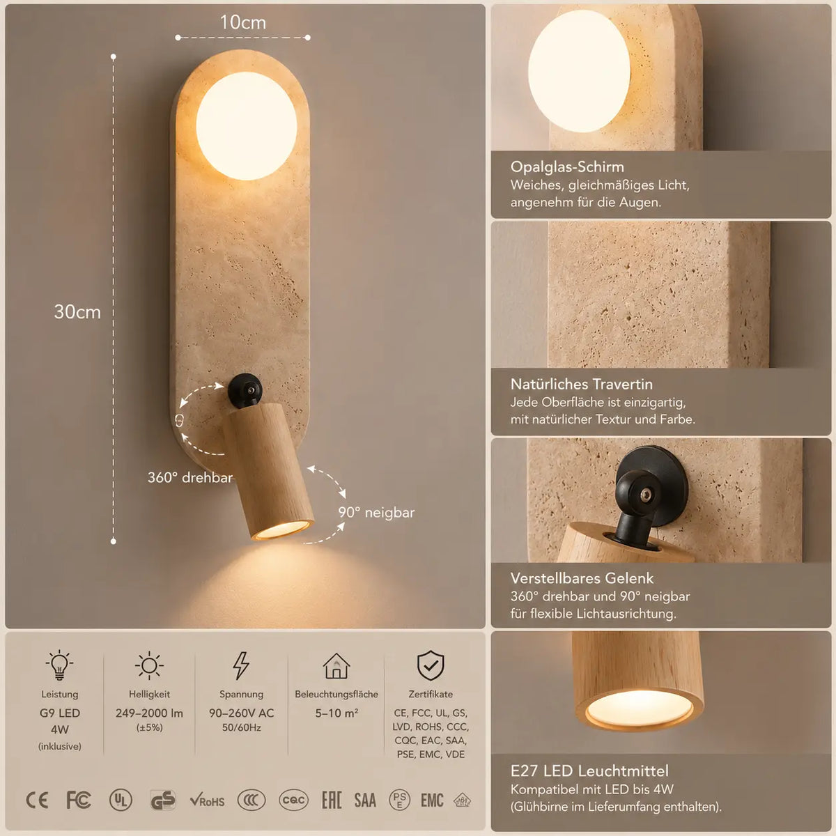Wandleuchte Naturstein mit Schwenkspot beige (Turonda), Maße und technische Details