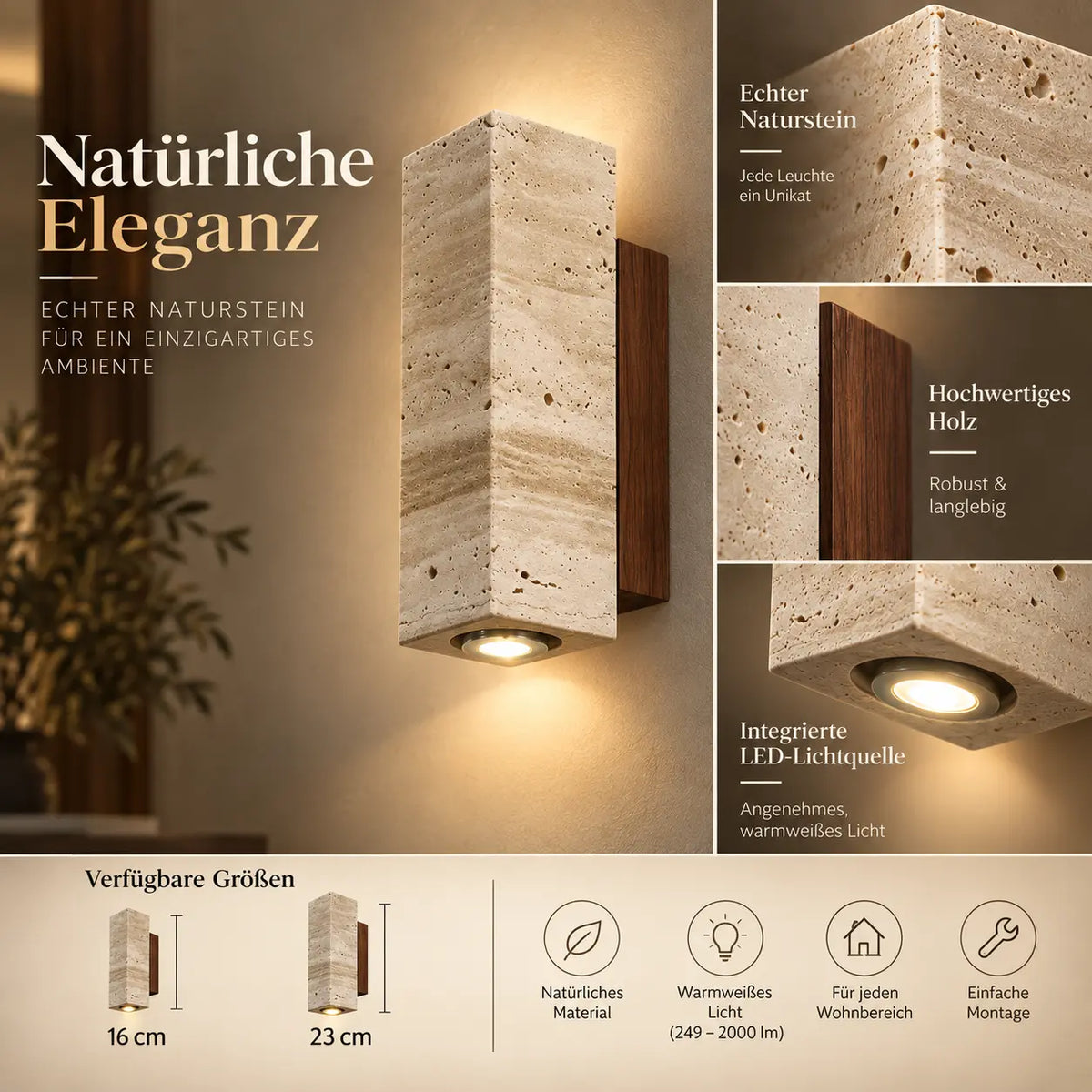 LED Wandleuchte Naturstein Quader beige (Kastavio), Maße und technische Details