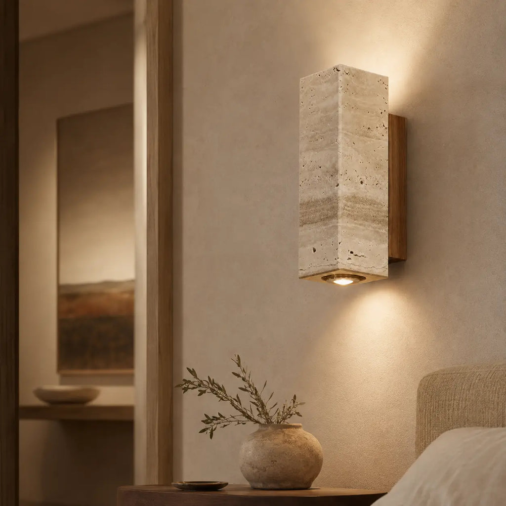 LED Wandleuchte Naturstein Quader beige (Kastavio), im Schlafzimmer neben dem Bett