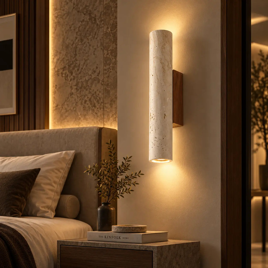 LED Wandleuchte Naturstein Zylinder beige (Marvenzo), im Schlafzimmer neben dem Bett