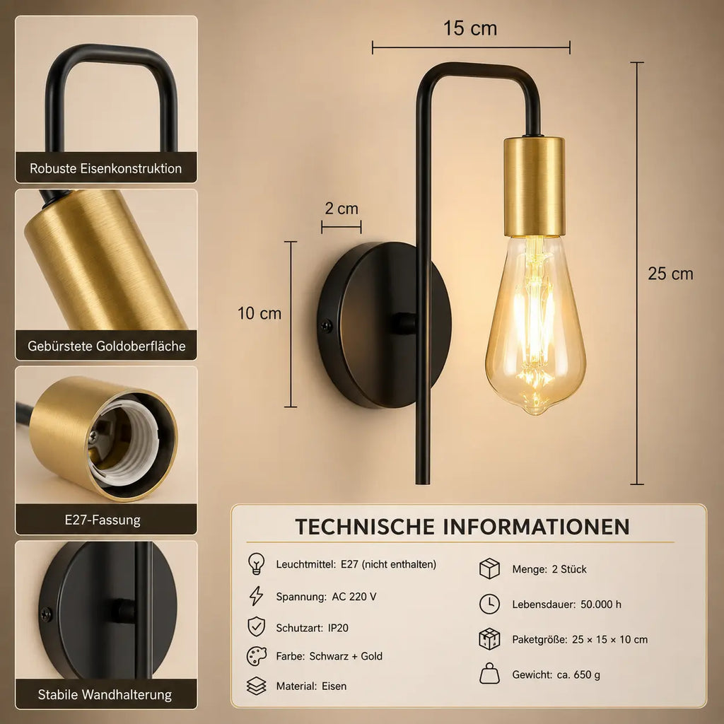 Wandleuchte Industrial Eisen schwarz-gold (Brantwell), Maße und technische Details