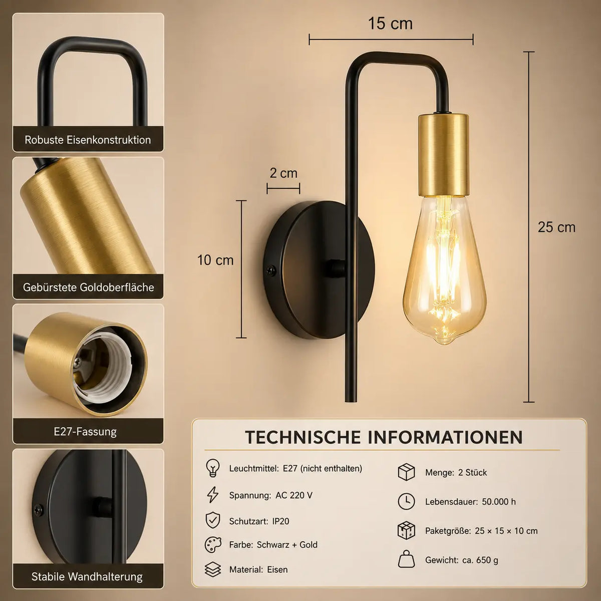 Wandleuchte Industrial Eisen schwarz-gold (Brantwell), Maße und technische Details