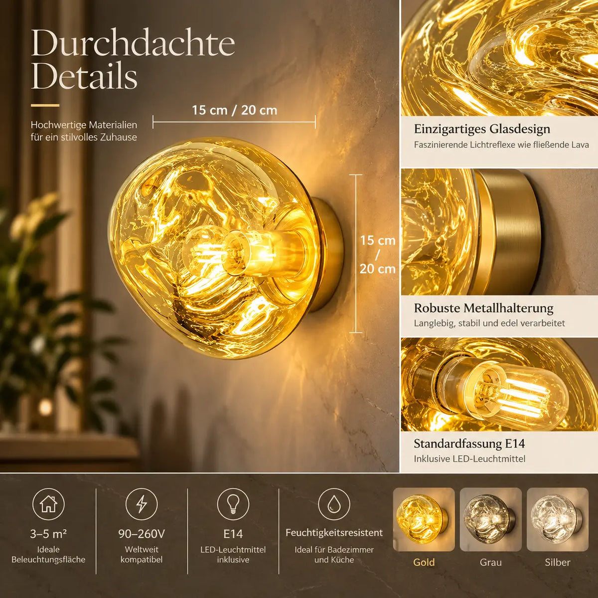 Wandleuchte Glaskugel bernstein pur (Gemarion), Maße und technische Details
