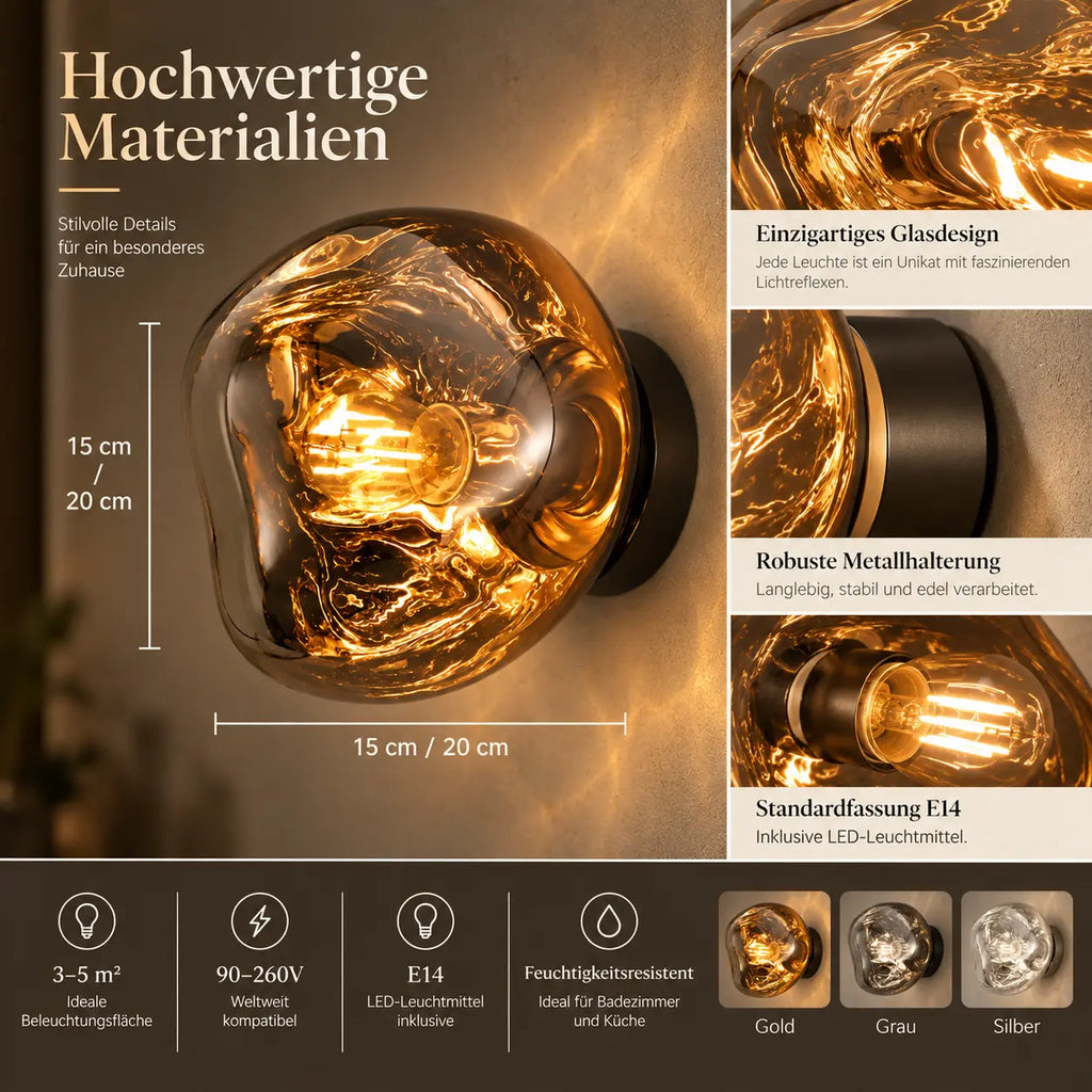 Wandleuchte Glaskugel rauchgrau (Nebrasca), Maße und technische Details