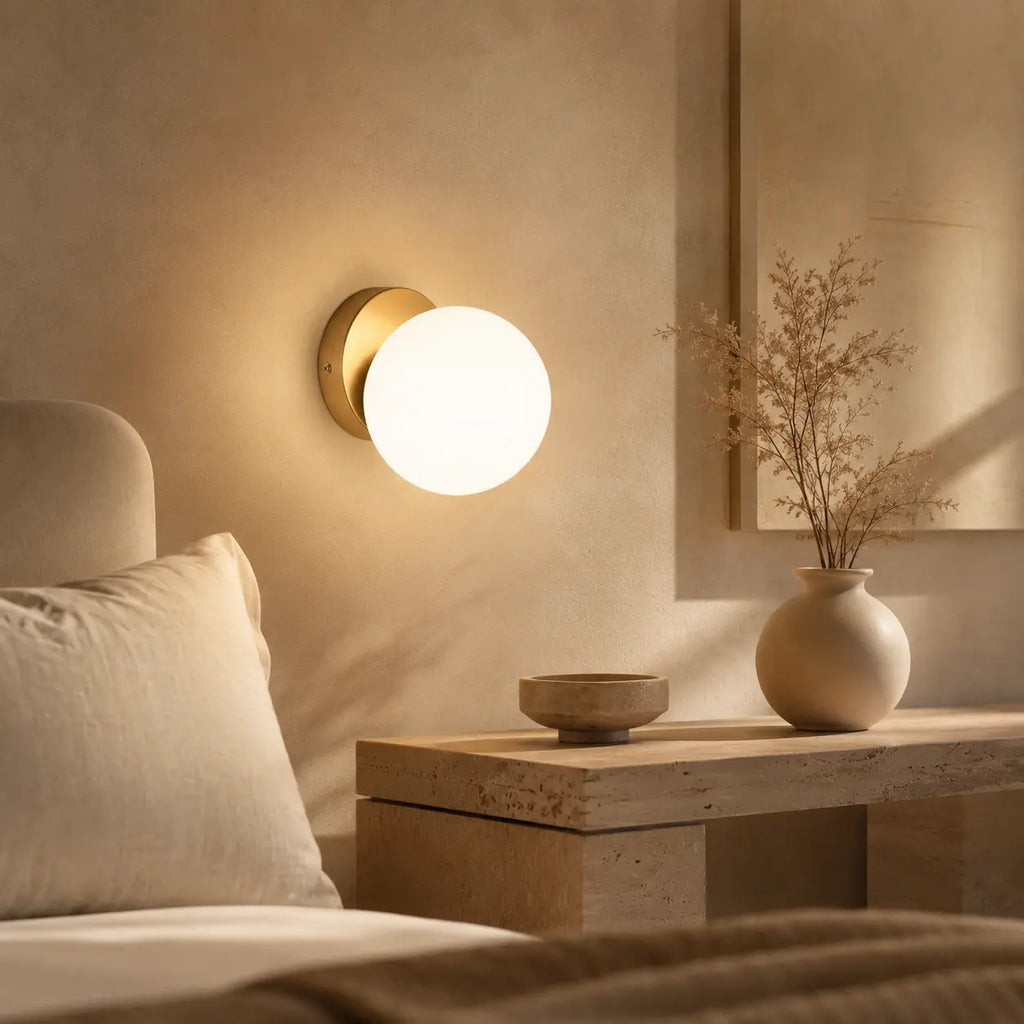 Wandleuchte Kugel Opalglas gold (Selvantis), im Schlafzimmer neben dem Bett