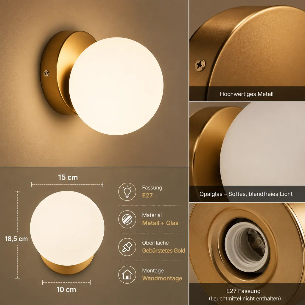 Wandleuchte Kugel Opalglas gold (Selvantis), Maße und technische Details