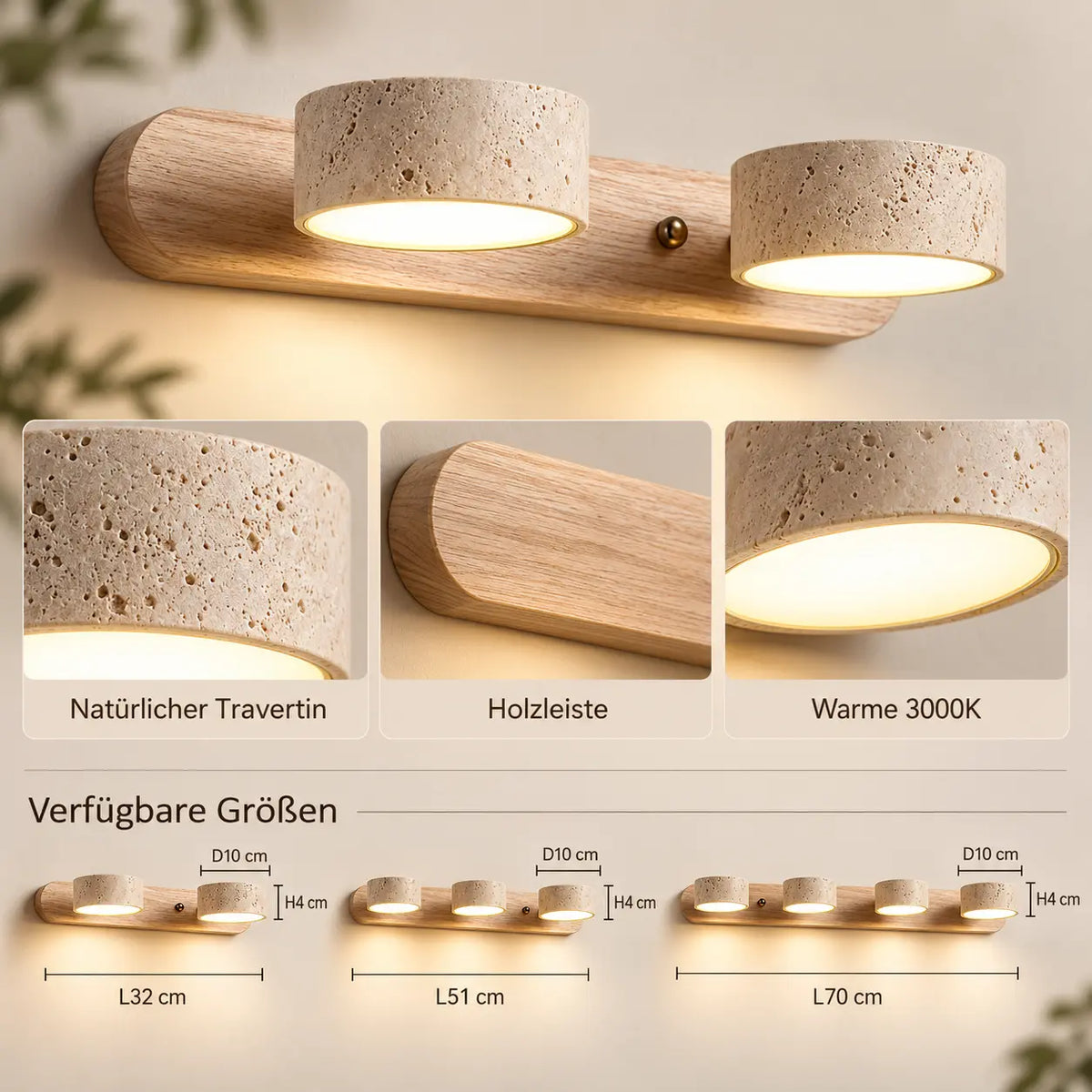 LED Wandleuchte Spiegelleuchte Naturstein hell (Ostenvia), in verschiedenen Größen