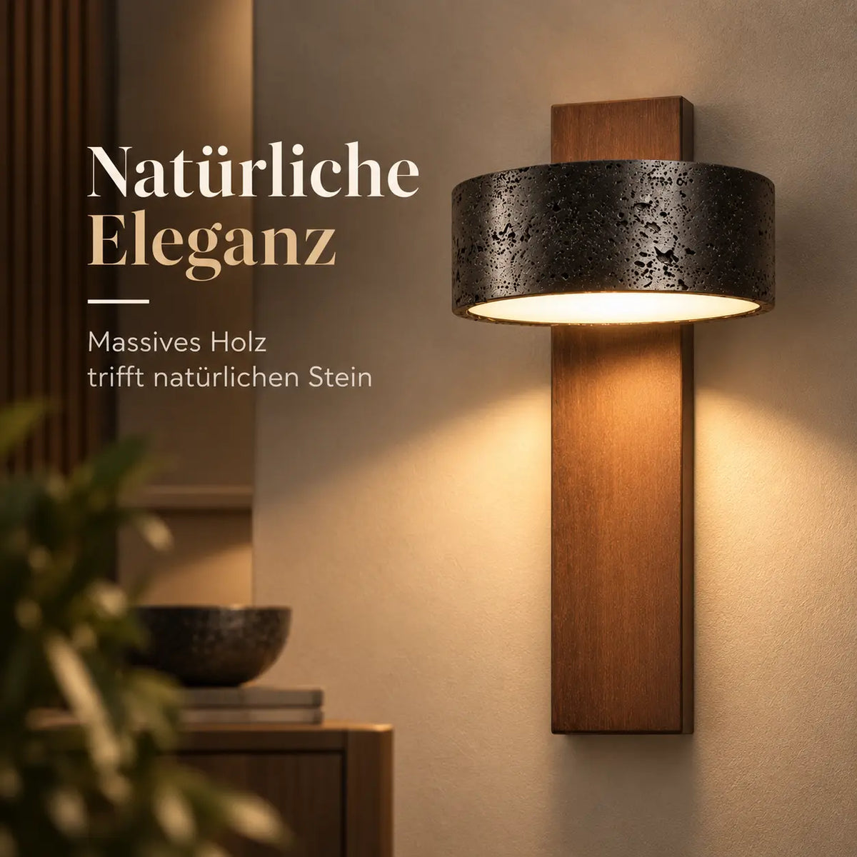 LED Wandleuchte Naturstein Holzbalken schwarz-braun (Basaltero), Lichtwirkung an der Wand