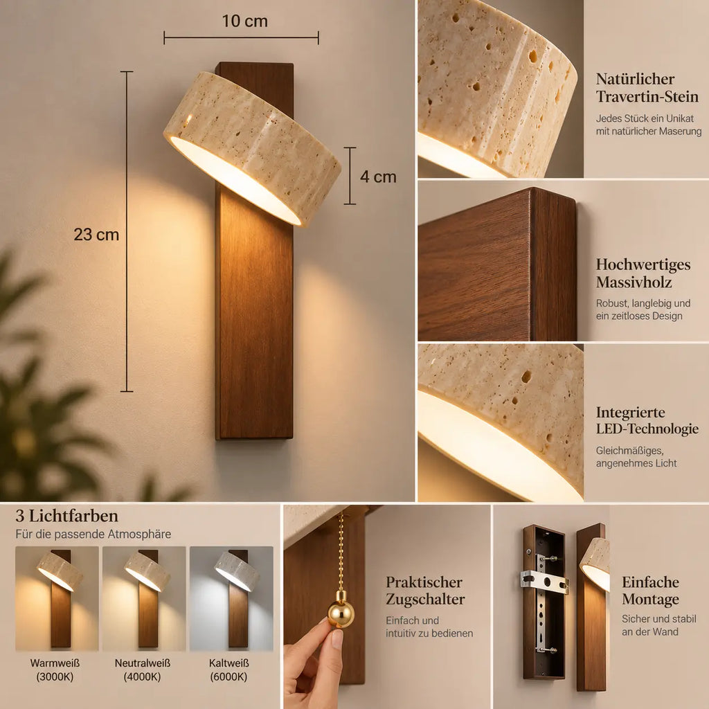 LED Wandleuchte Naturstein Holzbalken beige-braun (Torvelin), Maße und technische Details