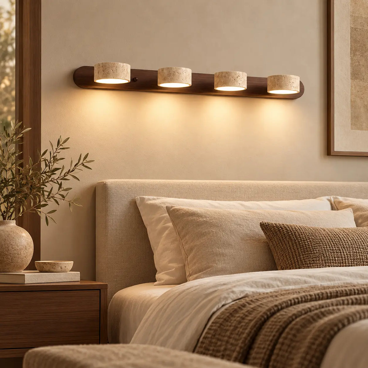 LED Wandleuchte Spiegelleuchte Naturstein beige-braun (Trevarosa), im Schlafzimmer neben dem Bett