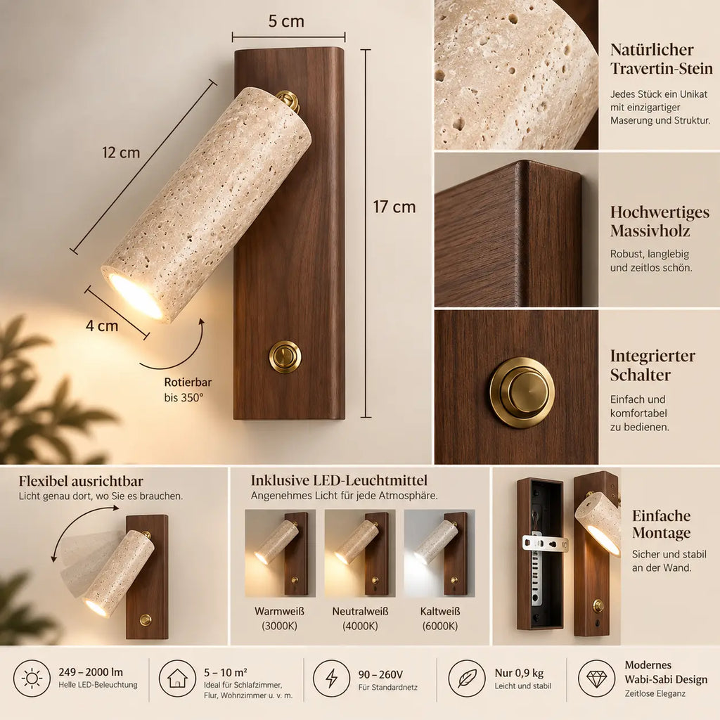 LED Wandleuchte Naturstein Leselicht drehbar (Marostone), Maße und technische Details