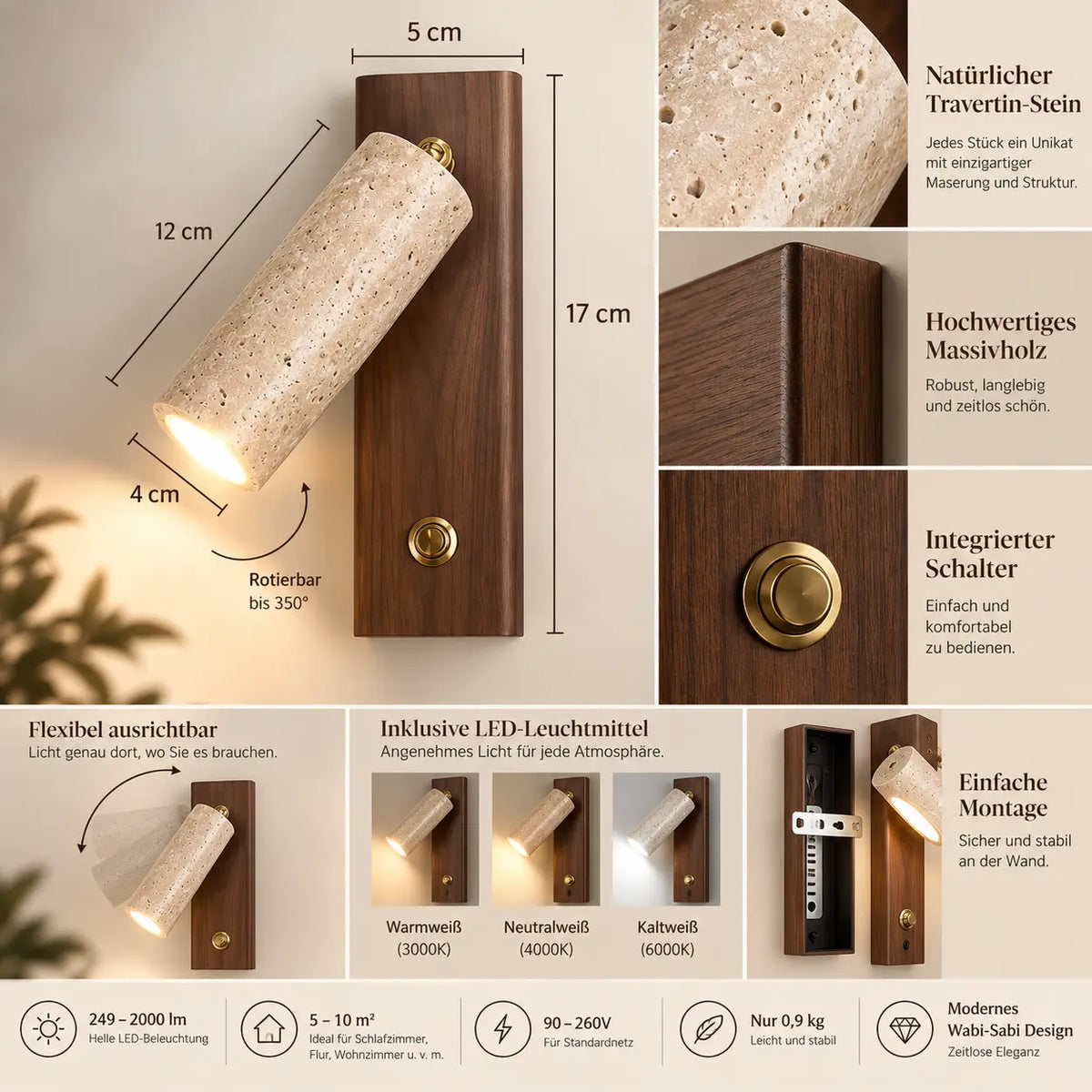 LED Wandleuchte Naturstein Leselicht drehbar (Marostone), Maße und technische Details